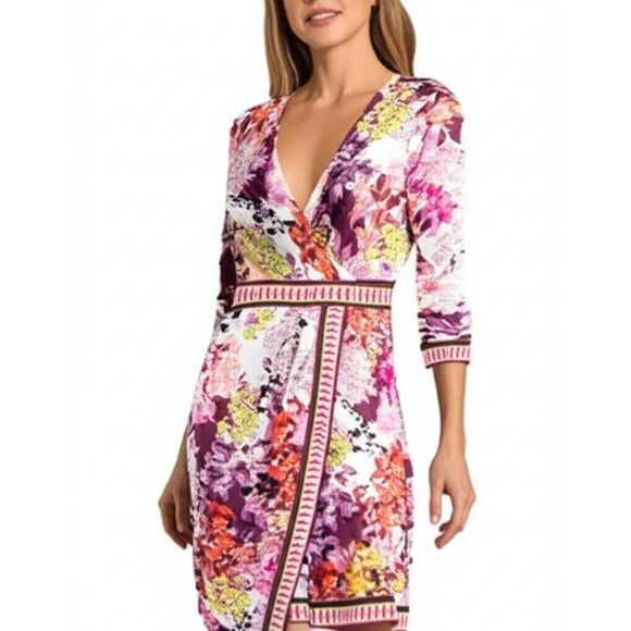 ECI pink purple multicolor floral faux wrap stretch jersey dress womens 4 Small - Picture 1 of 8